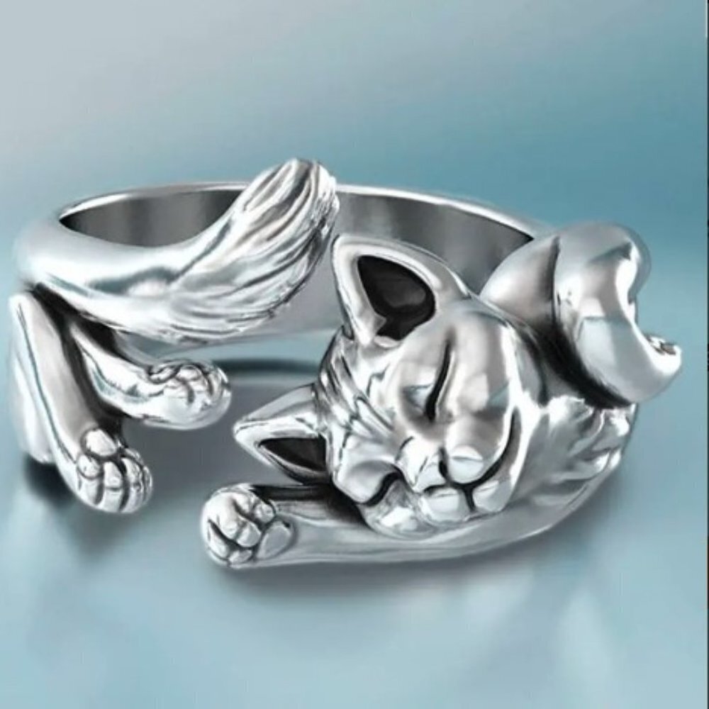 Cat Cuff Ring Silver Adjustable Chunky Antique Style
